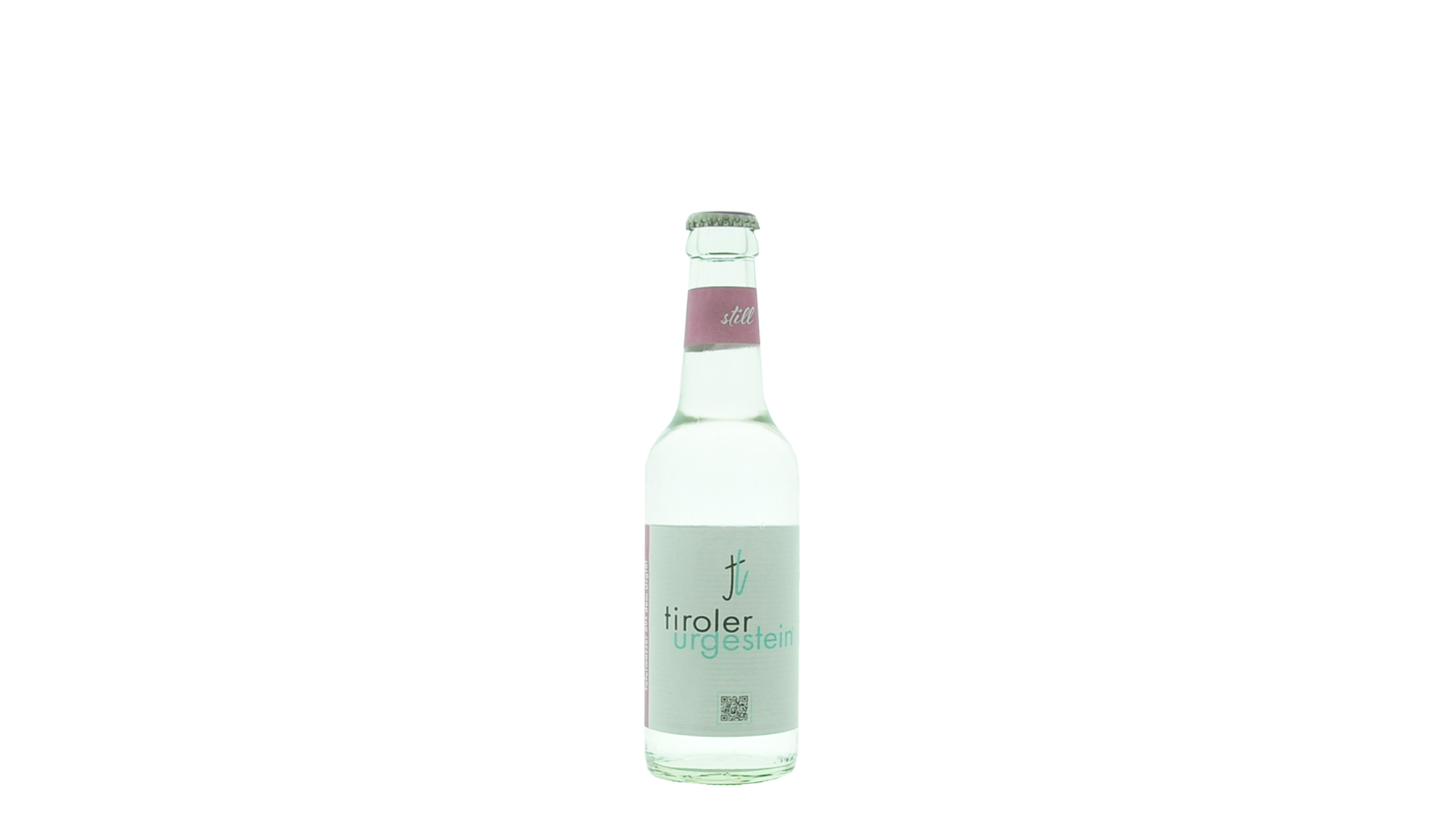 Glasflasche „tiroler urgestein still“, stilles Mineralwasser aus Tirol mit rosa Etikett und schlichtem Design.